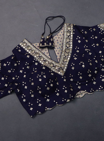 Satin crepe silk saree navy blue with allover stripe pattern & mirror work pallu