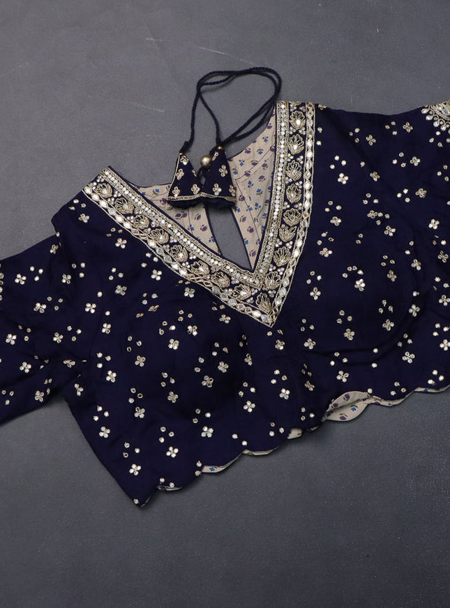 Satin crepe silk saree navy blue with allover stripe pattern & mirror work pallu