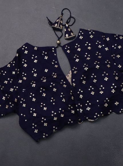 Satin crepe silk saree navy blue with allover stripe pattern & mirror work pallu