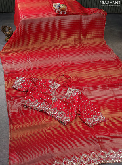 Organza silk saree red with zari stripes & gotapatti work pallu