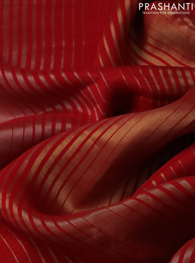 Organza silk saree red with zari stripes & gotapatti work pallu