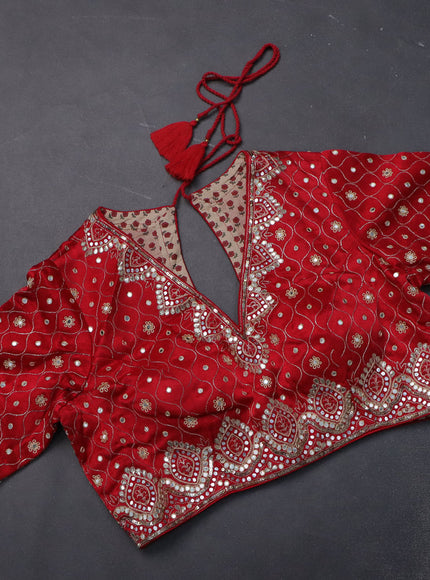 Organza silk saree red with zari stripes & gotapatti work pallu