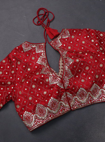 Organza silk saree red with zari stripes & gotapatti work pallu