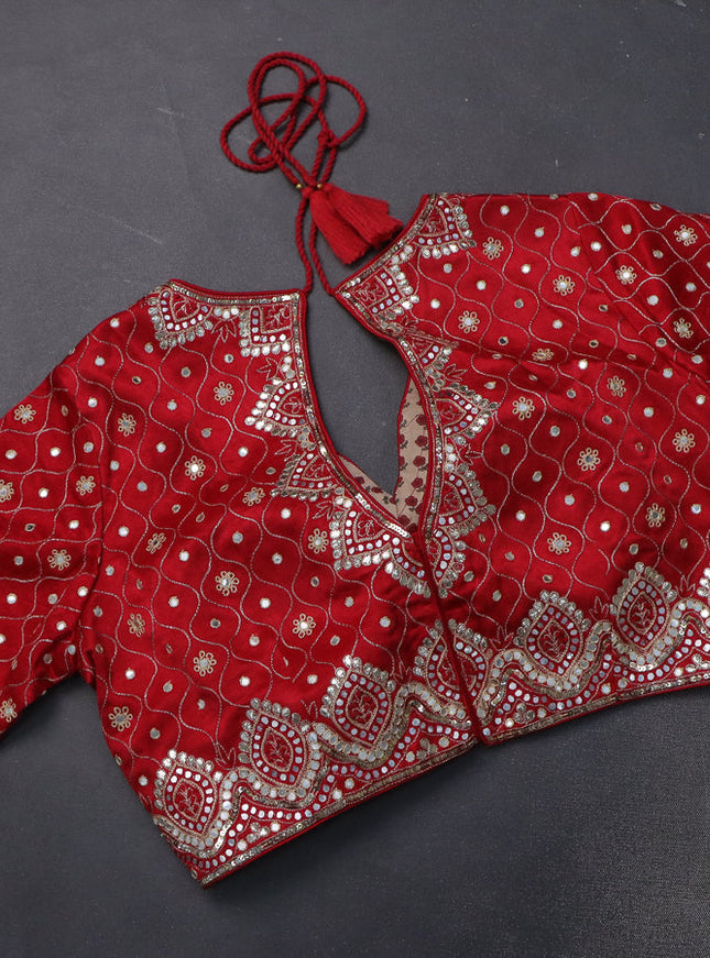 Organza silk saree red with zari stripes & gotapatti work pallu