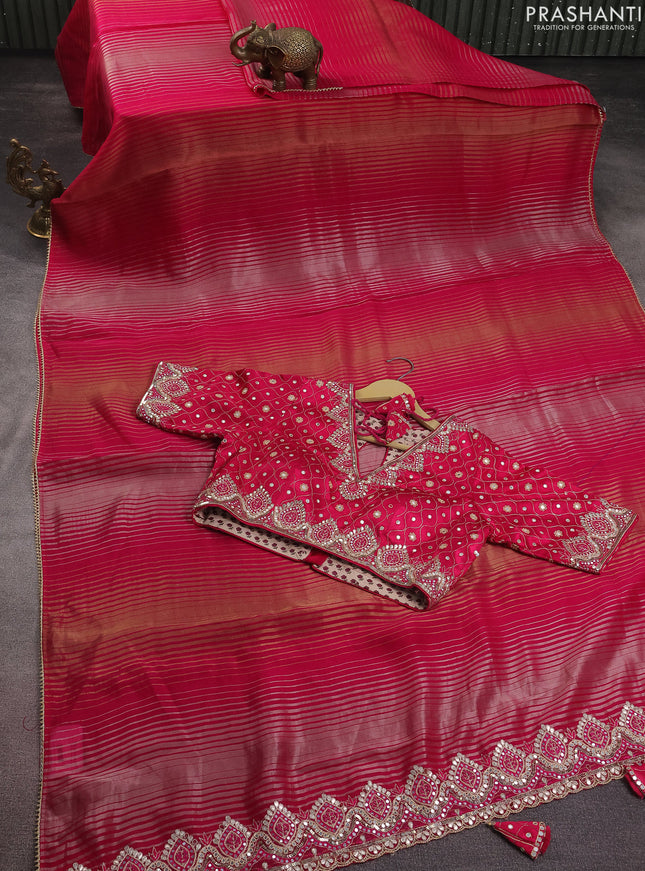 Organza silk saree pink with zari stripes & gotapatti work pallu