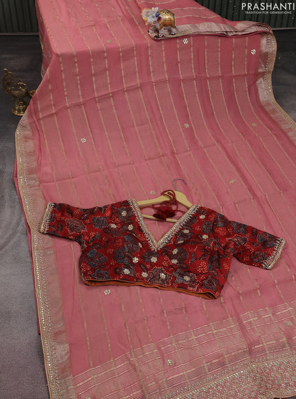 Organza silk saree peach pink with zari stripes & gotapatti work pallu