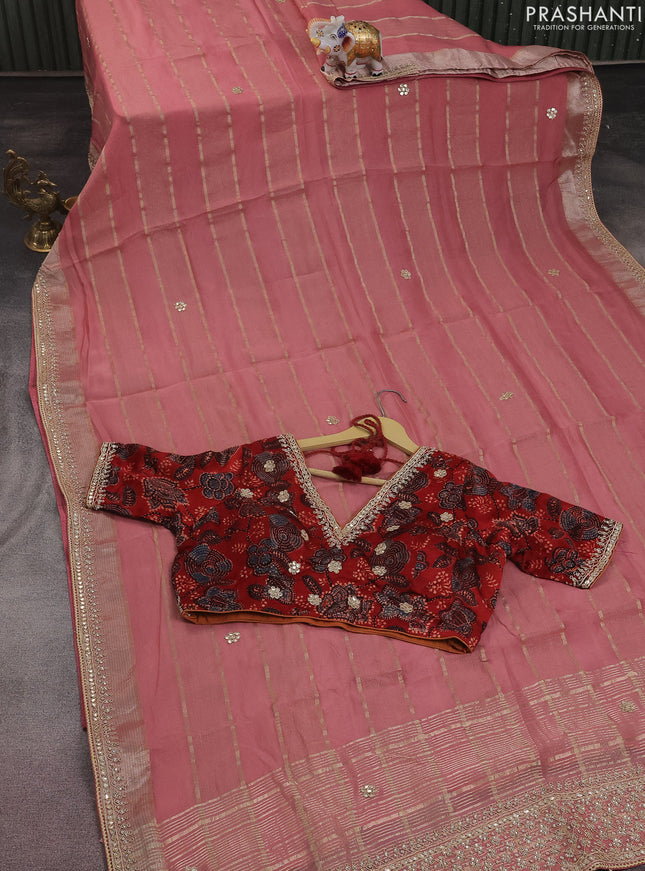 Organza silk saree peach pink with zari stripes & gotapatti work pallu