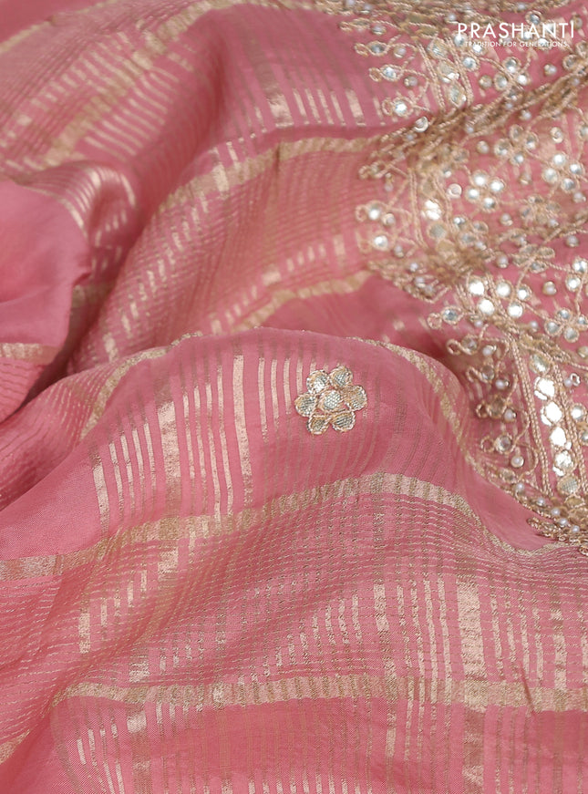 Organza silk saree peach pink with zari stripes & gotapatti work pallu