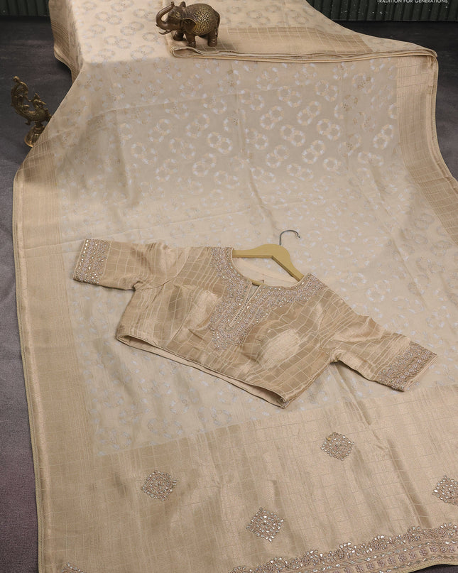 Banarasi silk saree cream with zari buttas & gotapatti work pallu