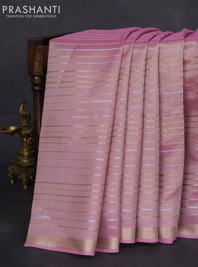 Tissue silk saree light pink with zari stripes & zari border