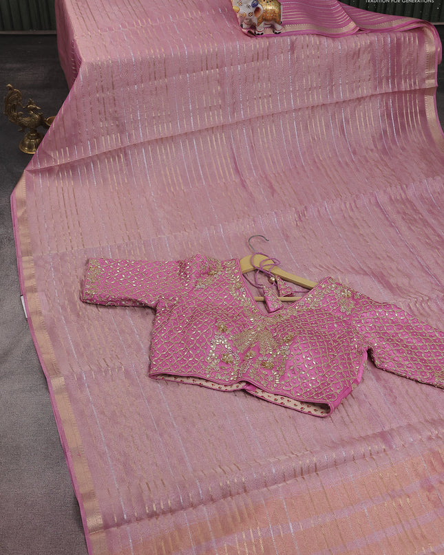 Tissue silk saree light pink with zari stripes & zari border
