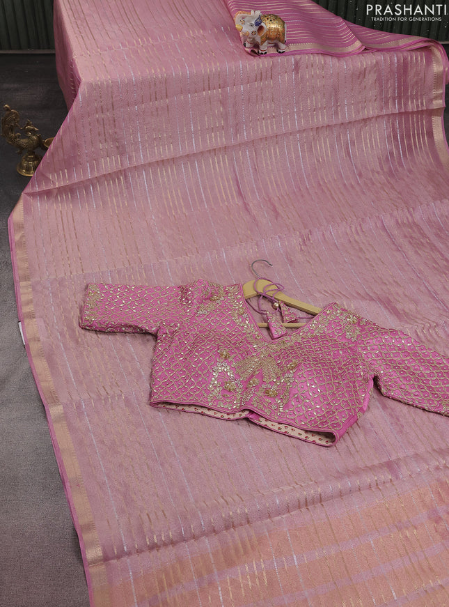 Tissue silk saree light pink with zari stripes & zari border