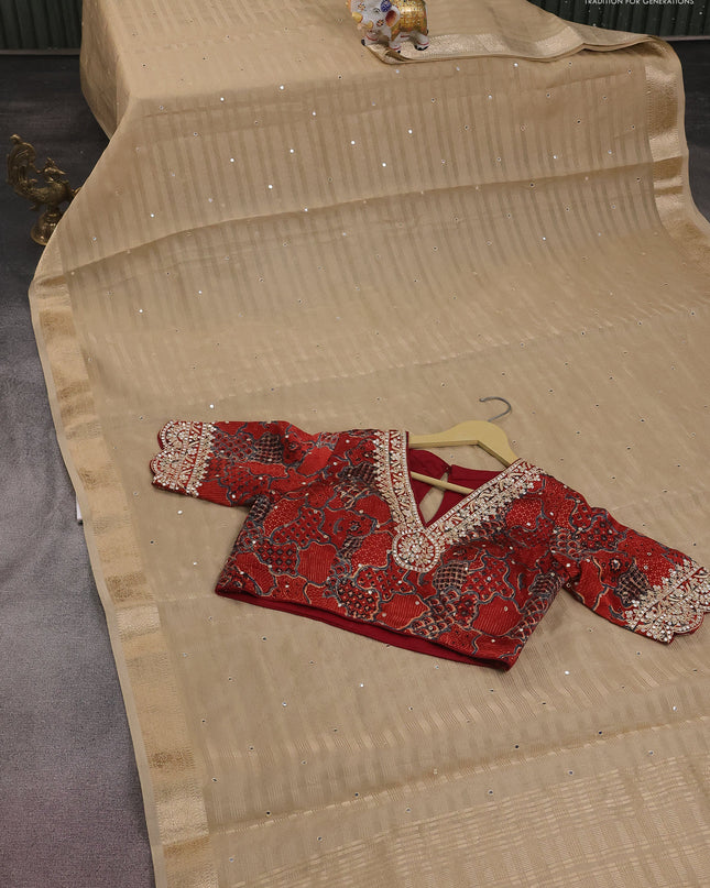 Tissue silk saree beige and maroon with allover stripe pattern & mirror work