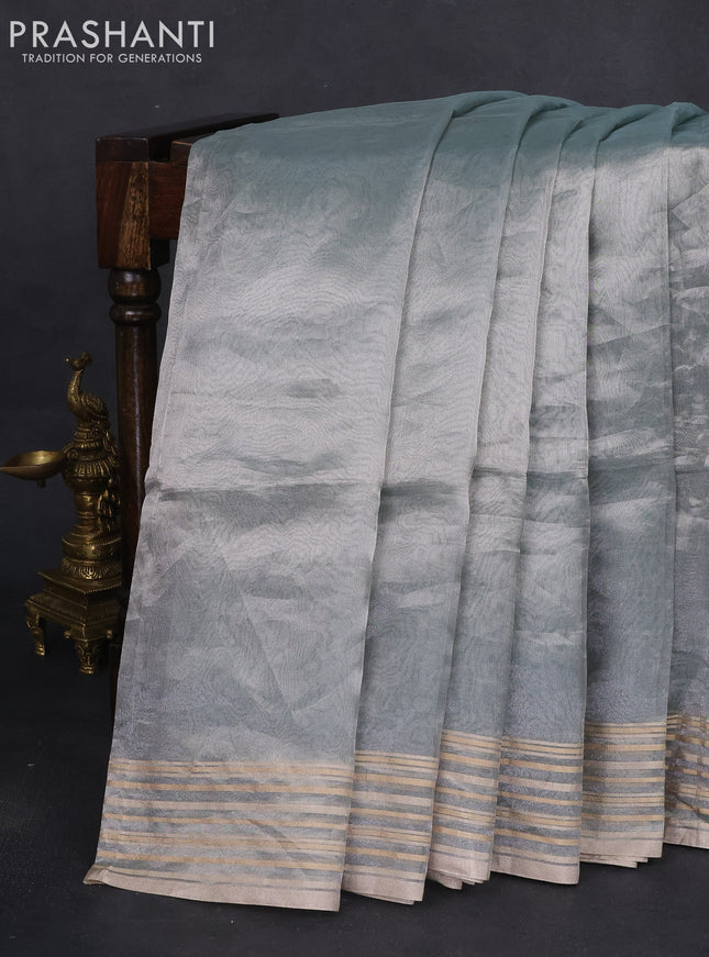Tissue silk saree pastel grey and blue with plain body & zari woven border