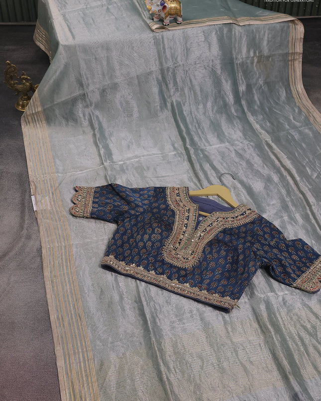 Tissue silk saree pastel grey and blue with plain body & zari woven border
