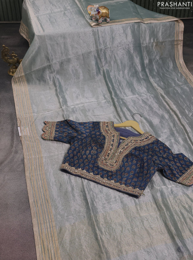 Tissue silk saree pastel grey and blue with plain body & zari woven border