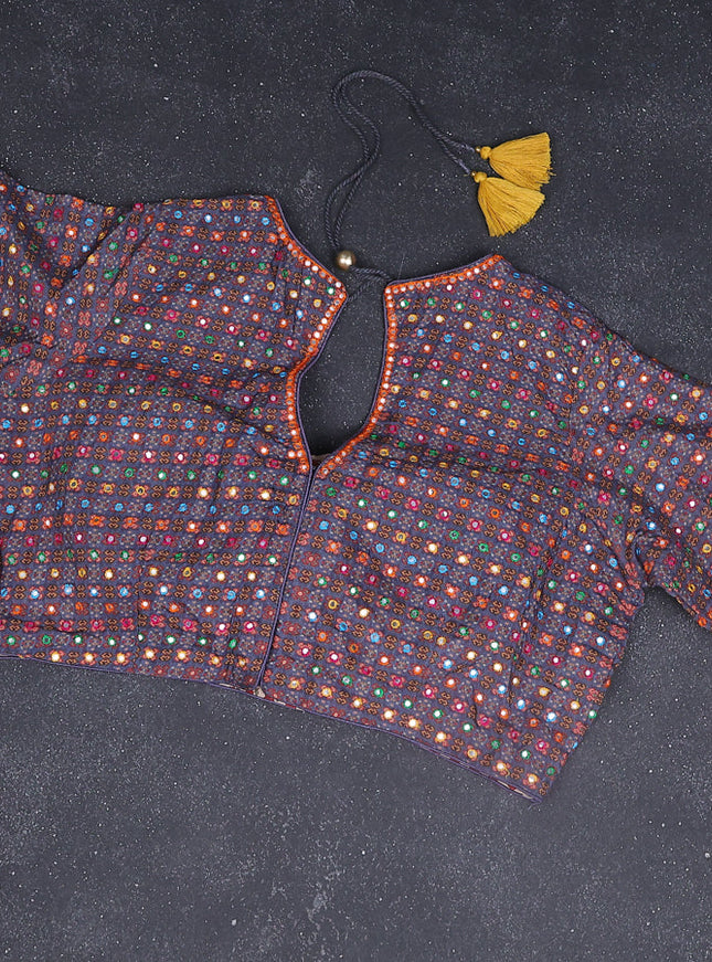 Crepe silk saree off white black and pastel violet with patola prints & embroidery mirror work pallu