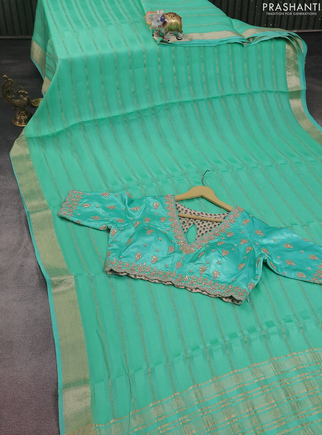 Organza silk saree teal green shade with zari stripes & gotapatti work pallu
