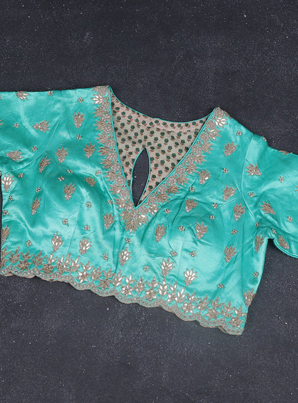 Organza silk saree teal green shade with zari stripes & gotapatti work pallu