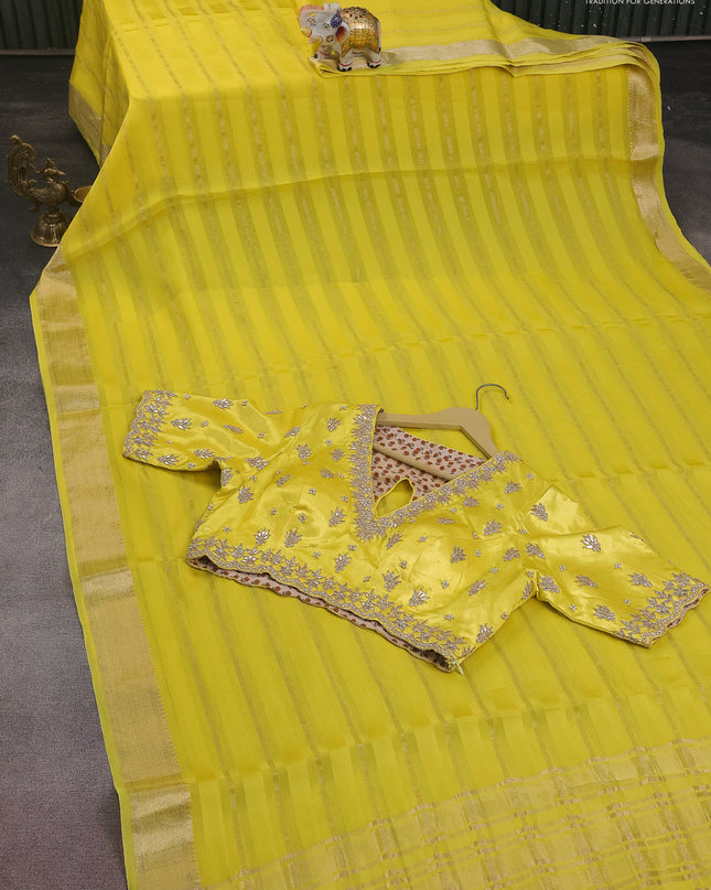 Organza silk saree yellow with zari stripes & gotapatti work pallu