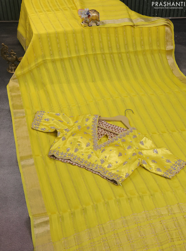 Organza silk saree yellow with zari stripes & gotapatti work pallu