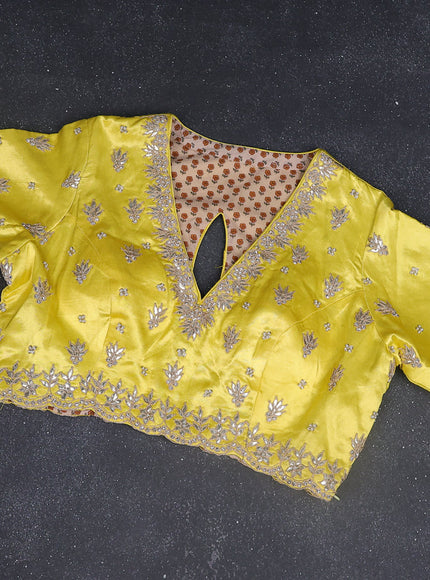 Organza silk saree yellow with zari stripes & gotapatti work pallu