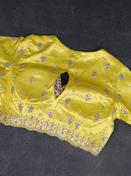 Organza silk saree yellow with zari stripes & gotapatti work pallu