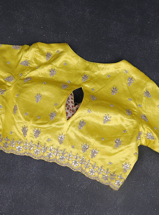 Organza silk saree yellow with zari stripes & gotapatti work pallu