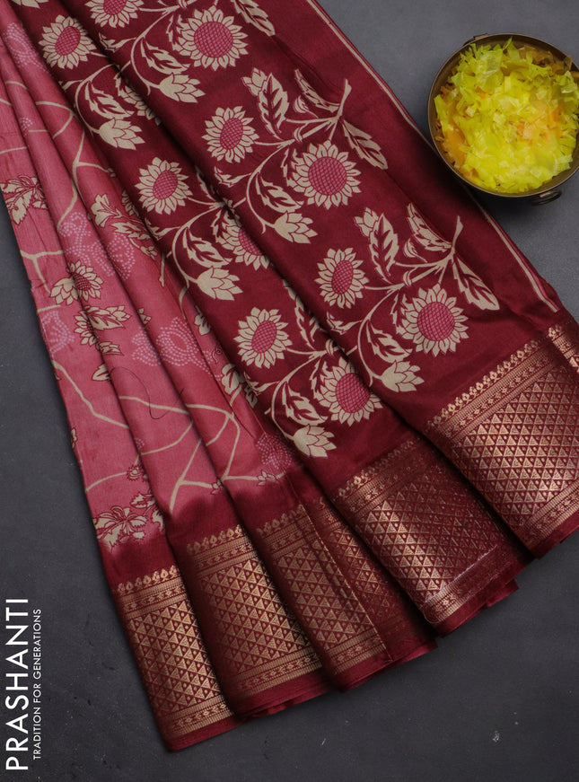 Semi dola saree dark peach and maroon with allover prints and zari woven border