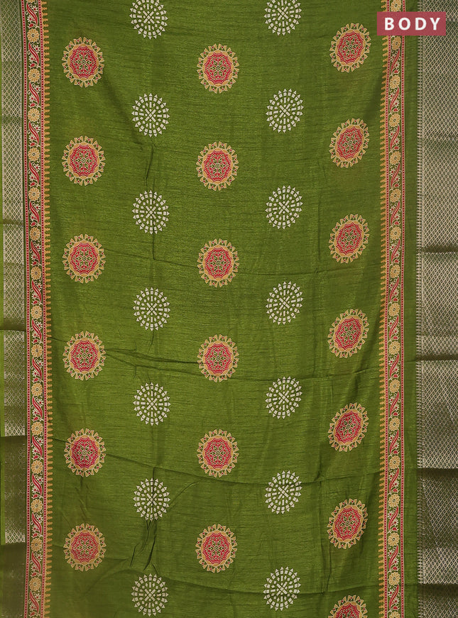 Semi dola saree mehendi green with butta prints and zari woven border