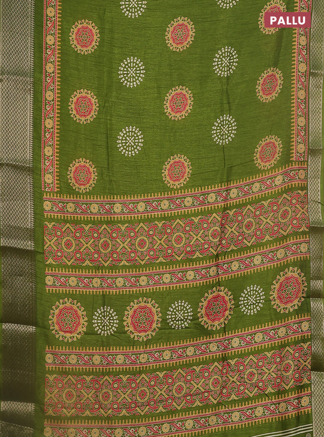 Semi dola saree mehendi green with butta prints and zari woven border