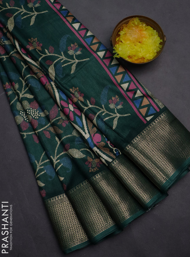 Semi dola saree bottle green with allover prints and zari woven border