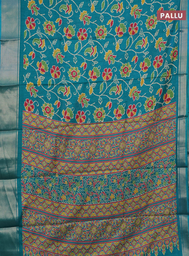 Semi dola saree teal green shade with allover floral ikat prints and zari woven border