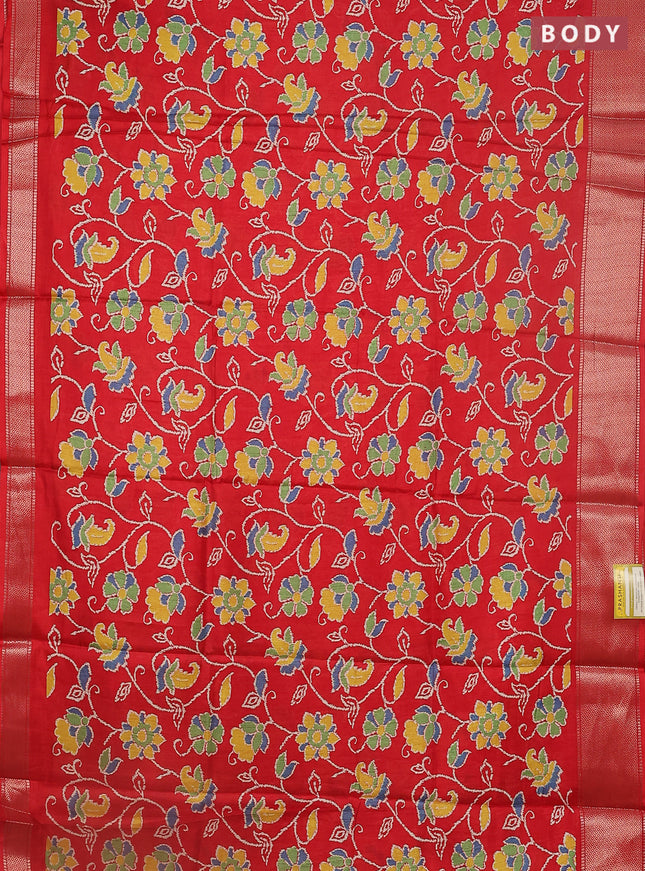 Semi dola saree red with allover floral ikat prints and zari woven border