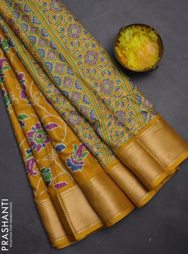 Semi dola saree mustard yellow with allover floral ikat prints and zari woven border