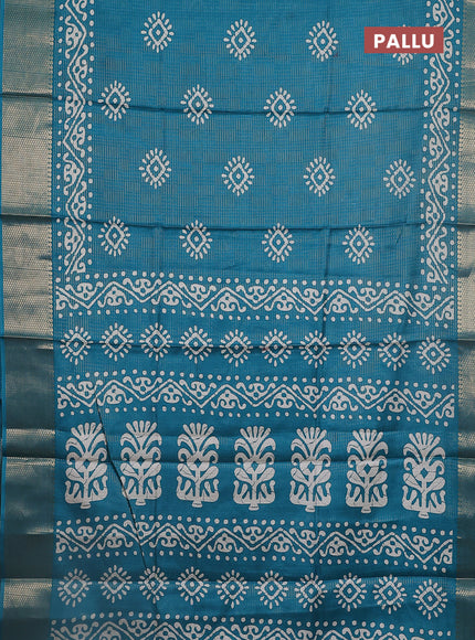Semi dola saree teal green shade with allover zari weaves & batik butta prints and zari woven border
