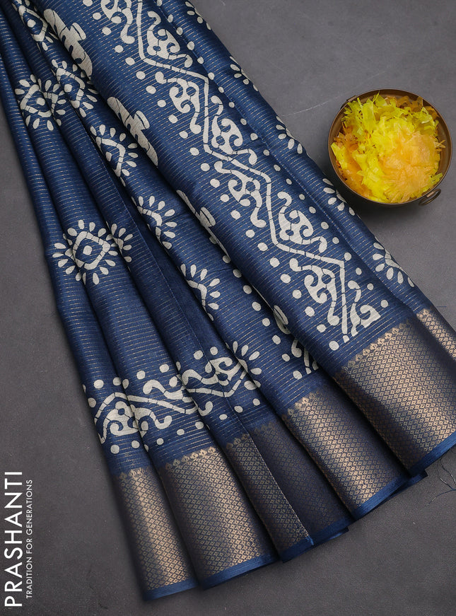 Semi dola saree peacock blue with allover zari weaves & batik butta prints and zari woven border