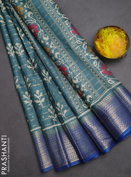 Semi dola saree teal blue and blue with allover zari weaves & ikat buttas and zari woven border