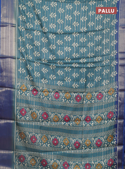 Semi dola saree teal blue and blue with allover zari weaves & ikat buttas and zari woven border