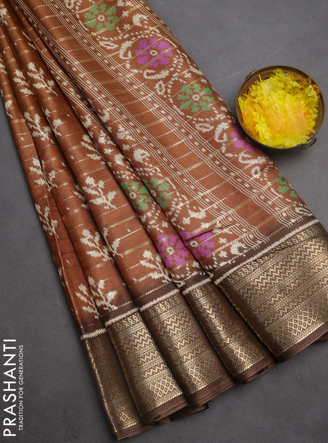 Semi dola saree rust shade and brown with allover zari weaves & ikat buttas and zari woven border