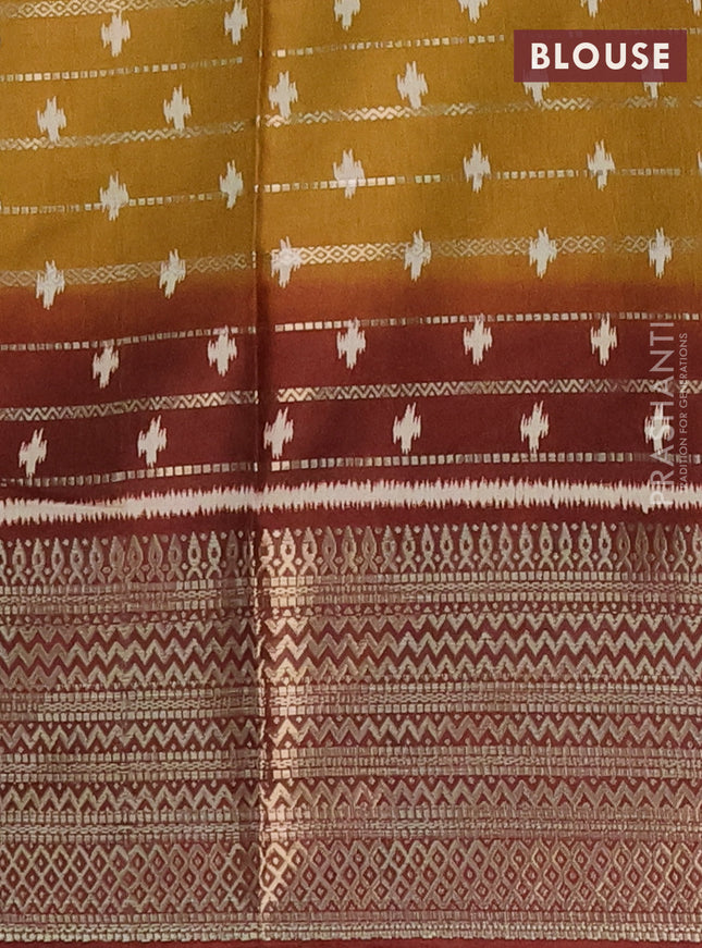 Semi dola saree dark mustard and brown with allover zari weaves & ikat buttas and zari woven border