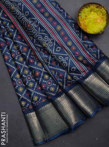 Semi dola saree peacock blue with allover bandhani prints and zari woven border
