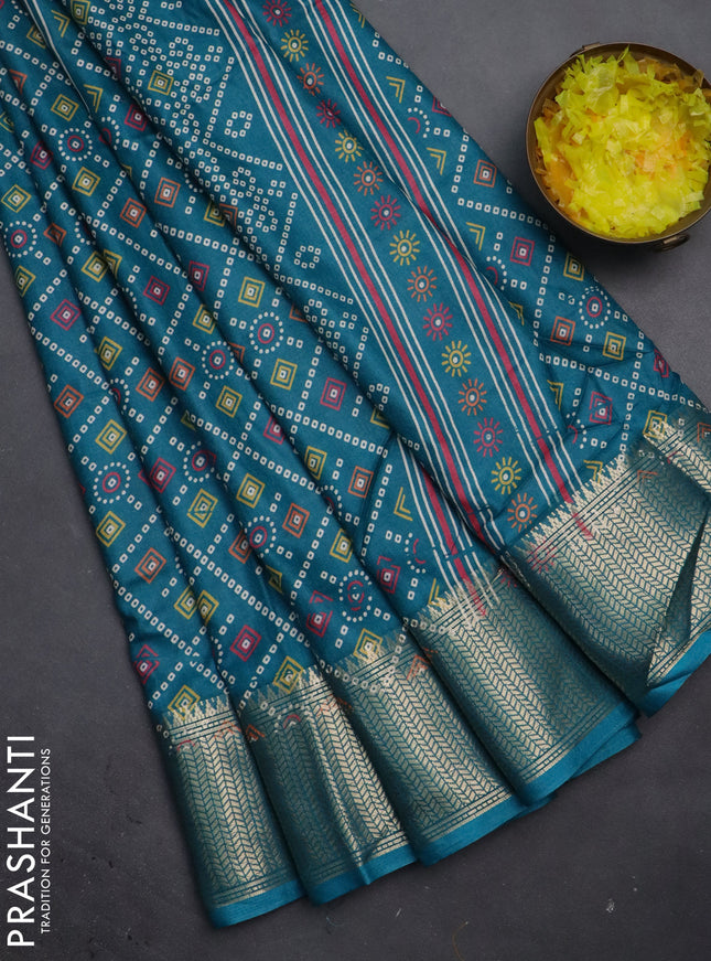 Semi dola saree teal green with allover bandhani prints and zari woven border