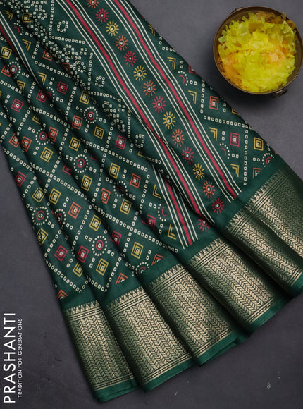 Semi dola saree dark green with allover bandhani prints and zari woven border