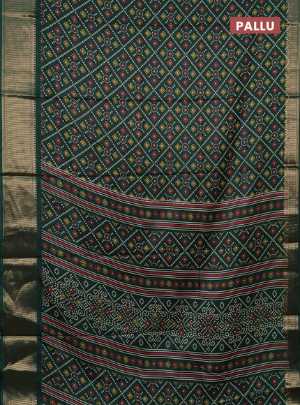 Semi dola saree dark green with allover bandhani prints and zari woven border