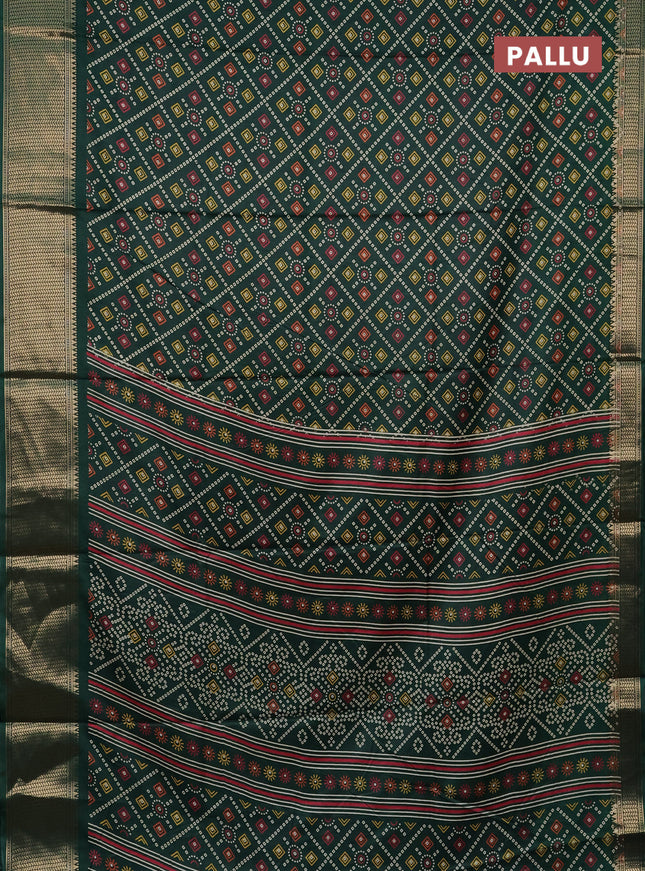 Semi dola saree dark green with allover bandhani prints and zari woven border