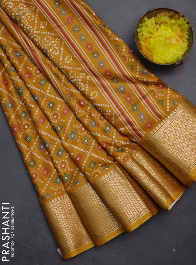 Semi dola saree mustard yellow with allover bandhani prints and zari woven border