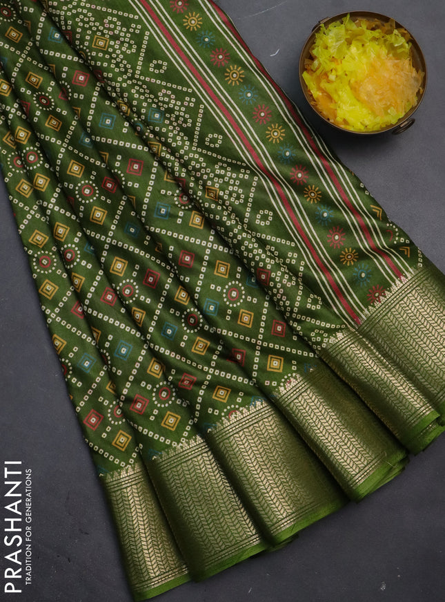 Semi dola saree mehendi green with allover bandhani prints and zari woven border