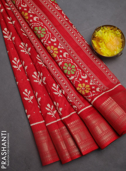 Semi dola saree red with ikat butta prints and zari woven border