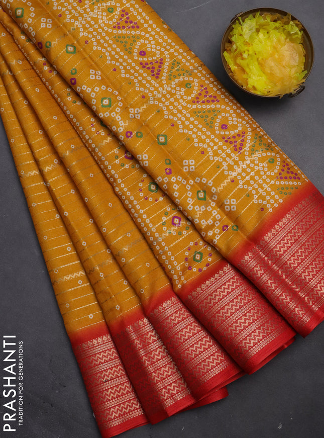 Semi dola saree mustard yellow and red with allover zari weaves & bandhani prints and zari woven border